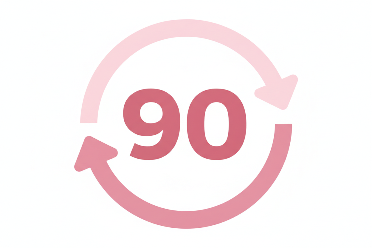 90 days with an arrow circle going around to show money back guarantee