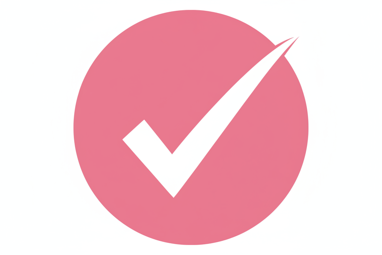 big white tick in a pink circle